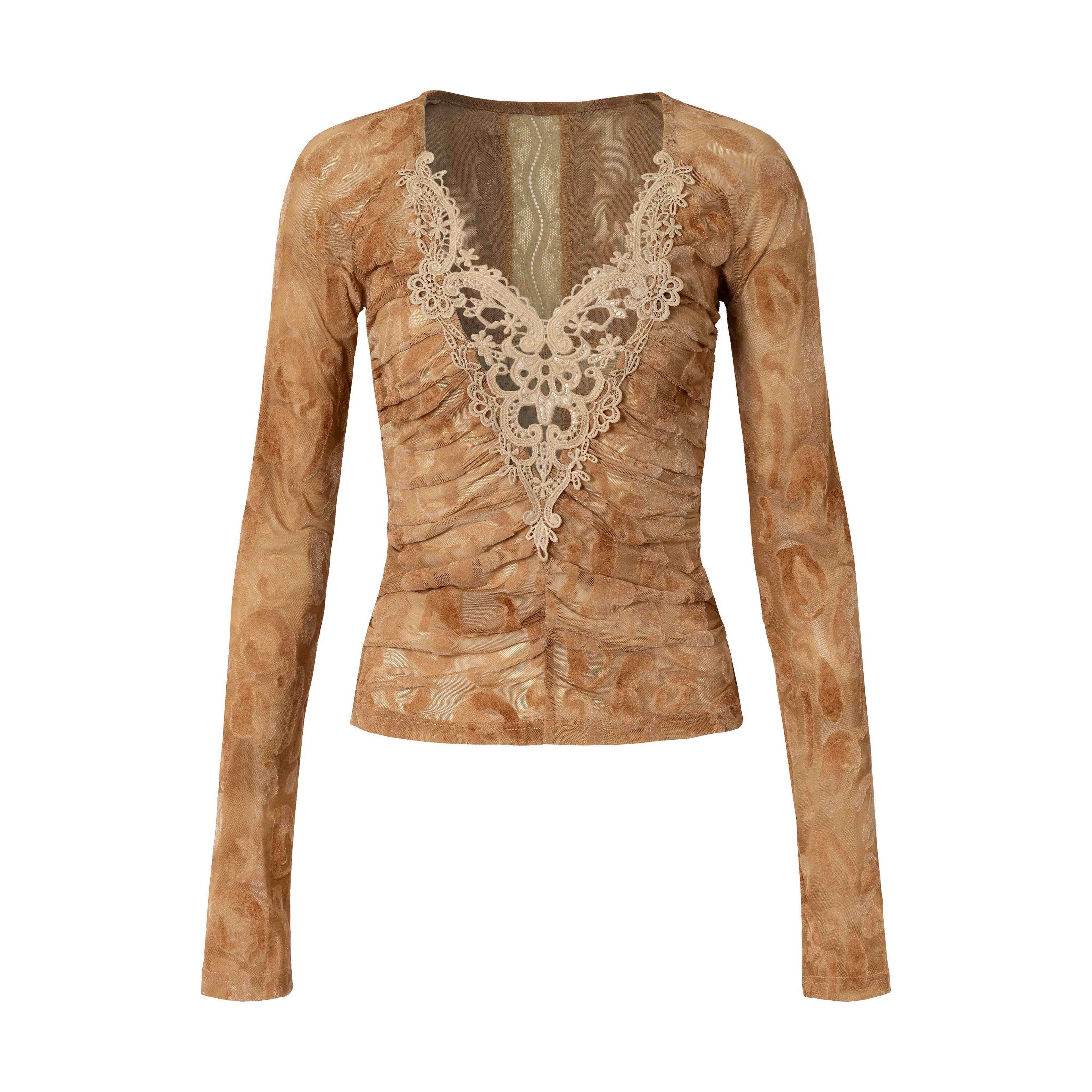 NO_ROMANCE_Vintage_Crochet_Lace_Flocked_V-neck_Elastic_Waist_Women'S_Polyester_Blouses_MISSTT