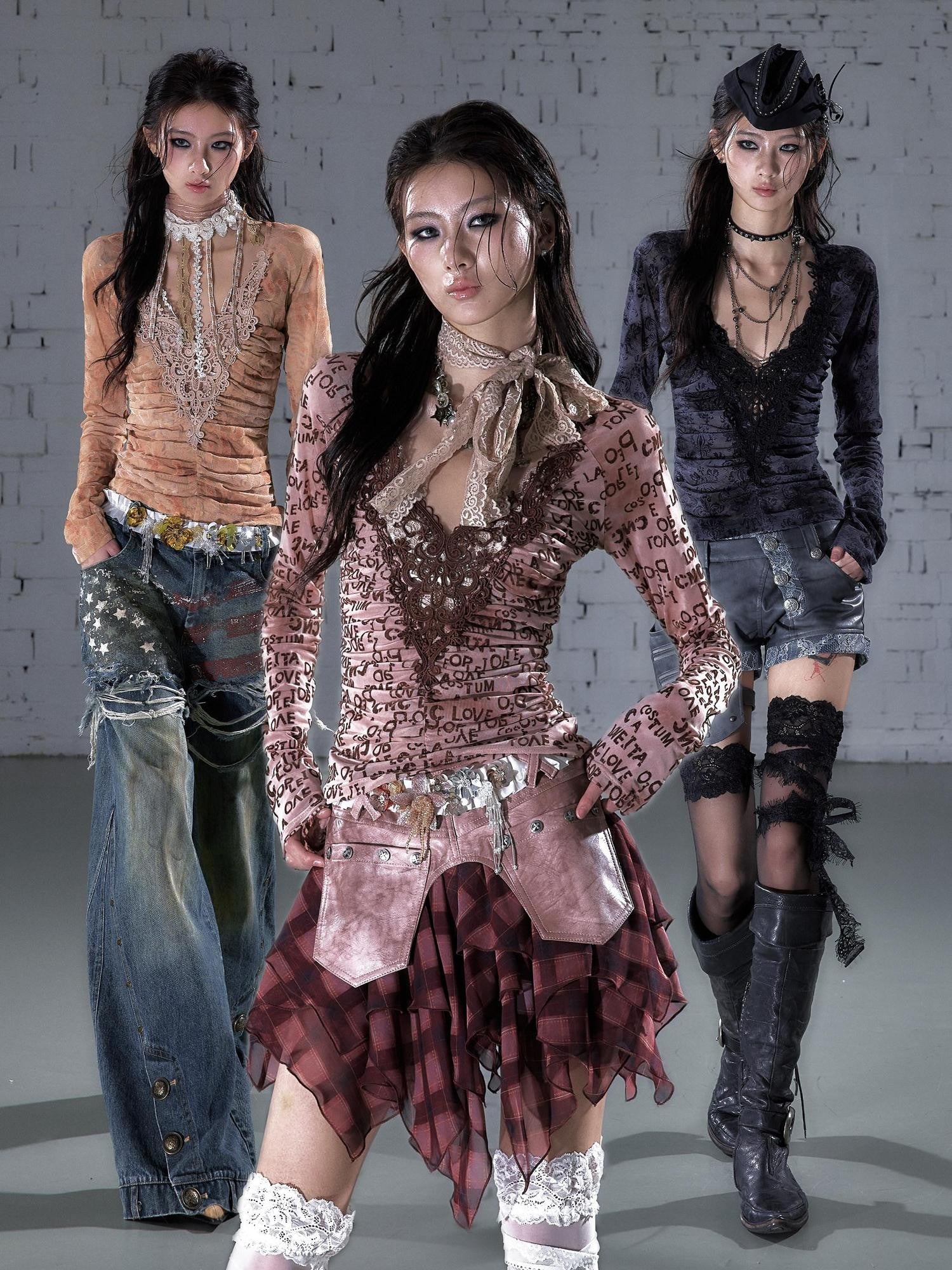 NO ROMANCE Vintage Crochet Lace Flocked V-neck Elastic Waist Women'S Polyester Blouses