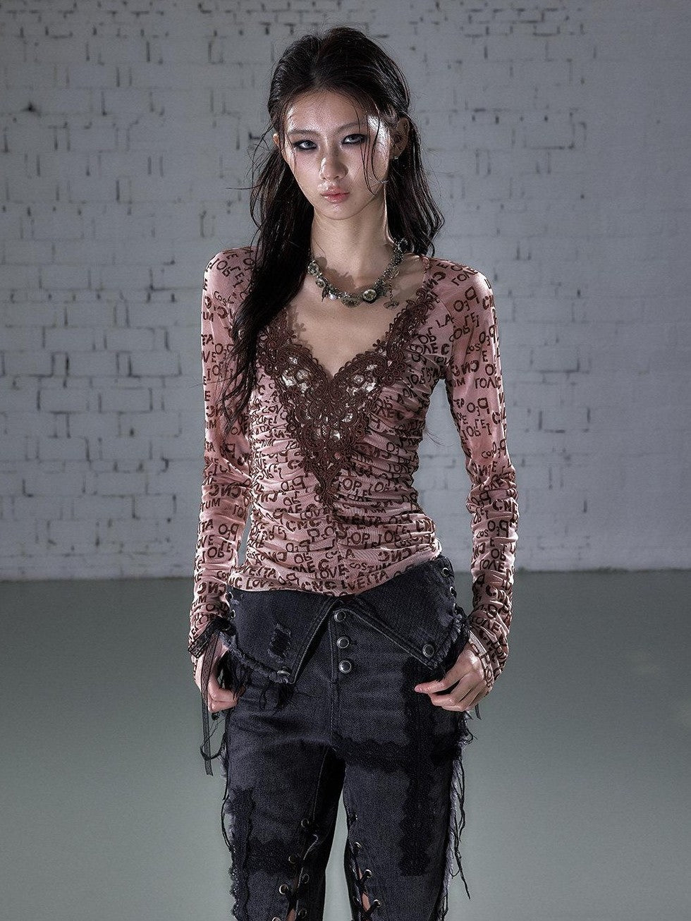 NO ROMANCE Vintage Crochet Lace Flocked V-neck Elastic Waist Women'S Polyester Blouses