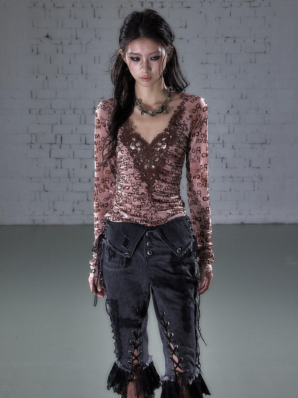 NO ROMANCE Vintage Crochet Lace Flocked V-neck Elastic Waist Women'S Polyester Blouses