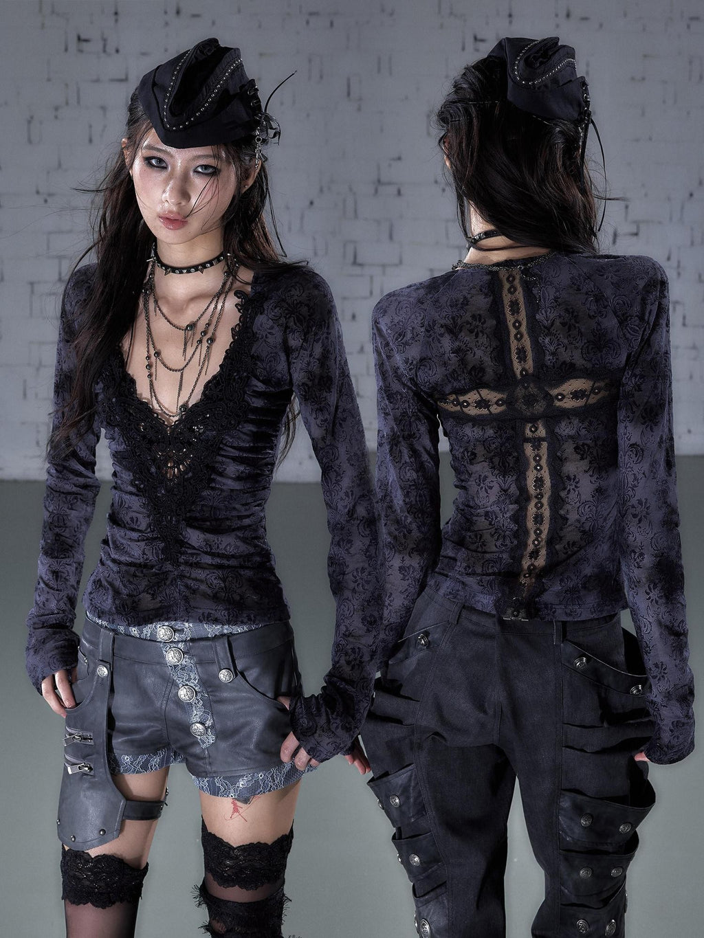 NO ROMANCE Vintage Crochet Lace Flocked V-neck Elastic Waist Women'S Polyester Blouses