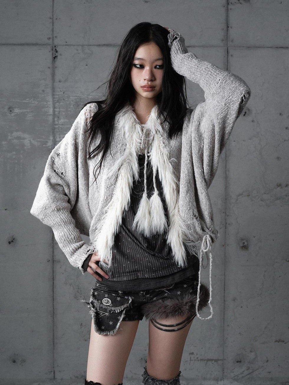 NO ROMANCE Vintage Fringe Hooded Batwing Knit Cardigan Women'S Wool Blend Sweaters