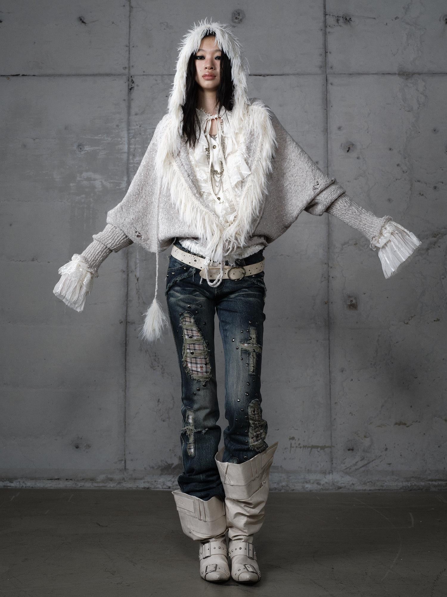 NO ROMANCE Vintage Fringe Hooded Batwing Knit Cardigan Women'S Wool Blend Sweaters