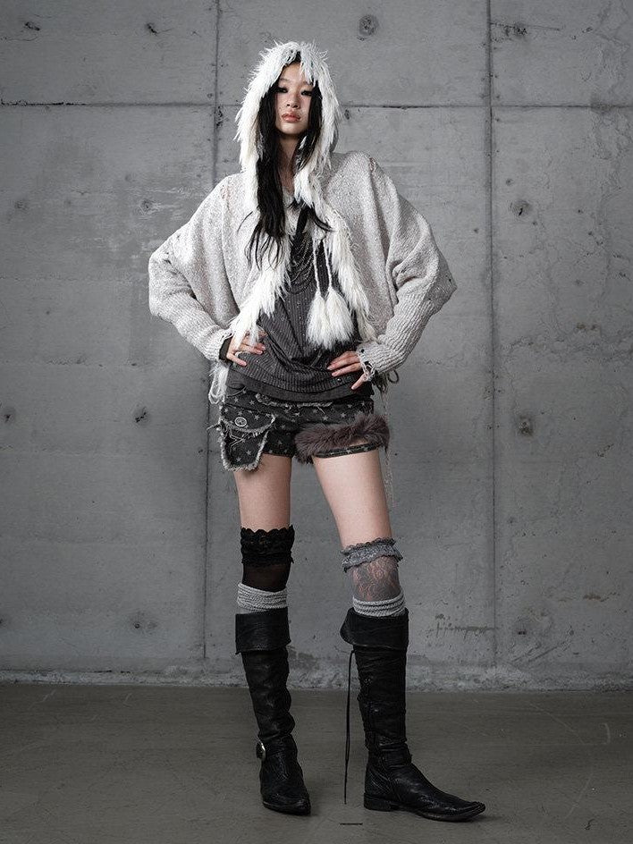 NO ROMANCE Vintage Fringe Hooded Batwing Knit Cardigan Women'S Wool Blend Sweaters