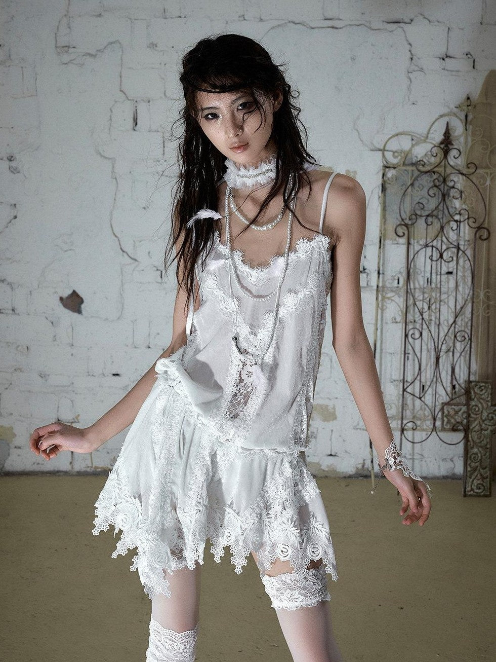 NO ROMANCE Vintage Hand Beaded Pleated Lace Tulle Women'S Silk Collar Neck Gaiters