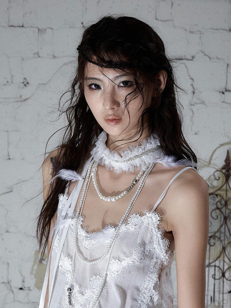 NO ROMANCE Vintage Hand Beaded Pleated Lace Tulle Women'S Silk Collar Neck Gaiters