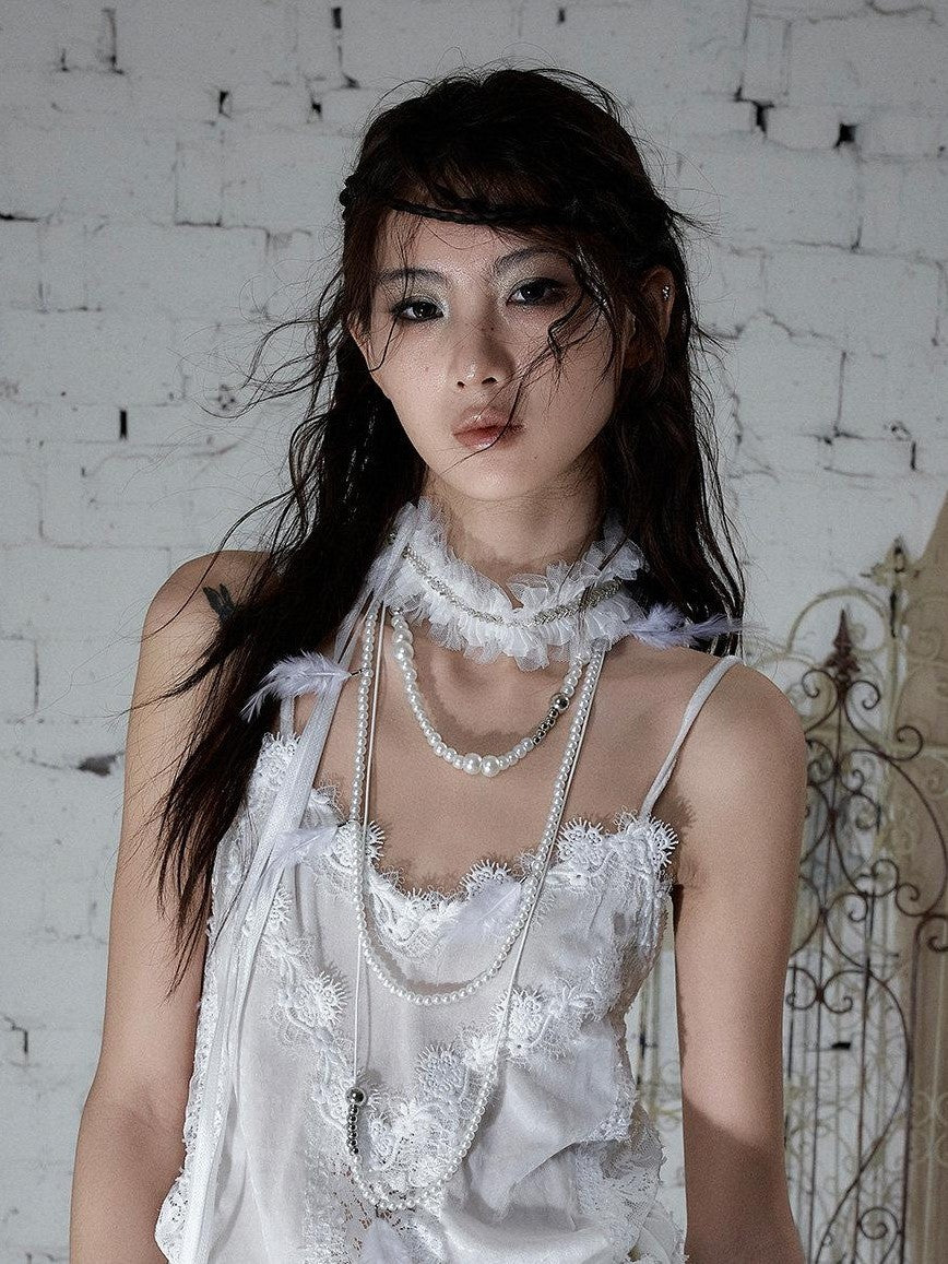 NO ROMANCE Vintage Hand Beaded Pleated Lace Tulle Women'S Silk Collar Neck Gaiters