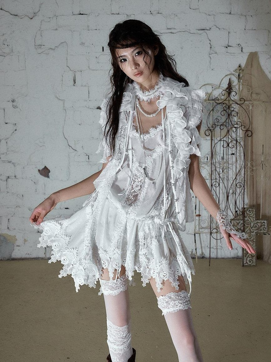 NO ROMANCE Vintage Hand Beaded Pleated Lace Tulle Women'S Silk Collar Neck Gaiters