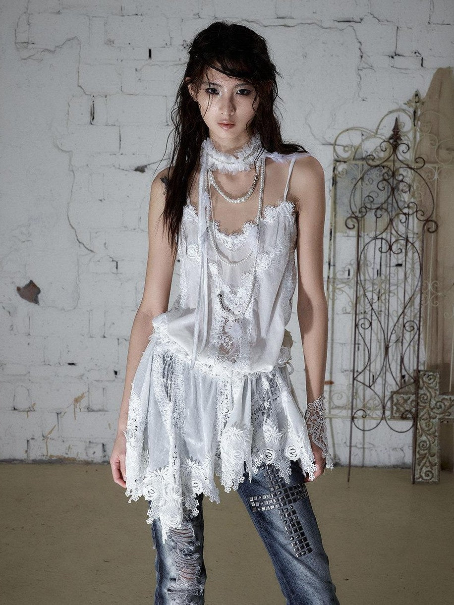 NO ROMANCE Vintage Hand Beaded Pleated Lace Tulle Women'S Silk Collar Neck Gaiters