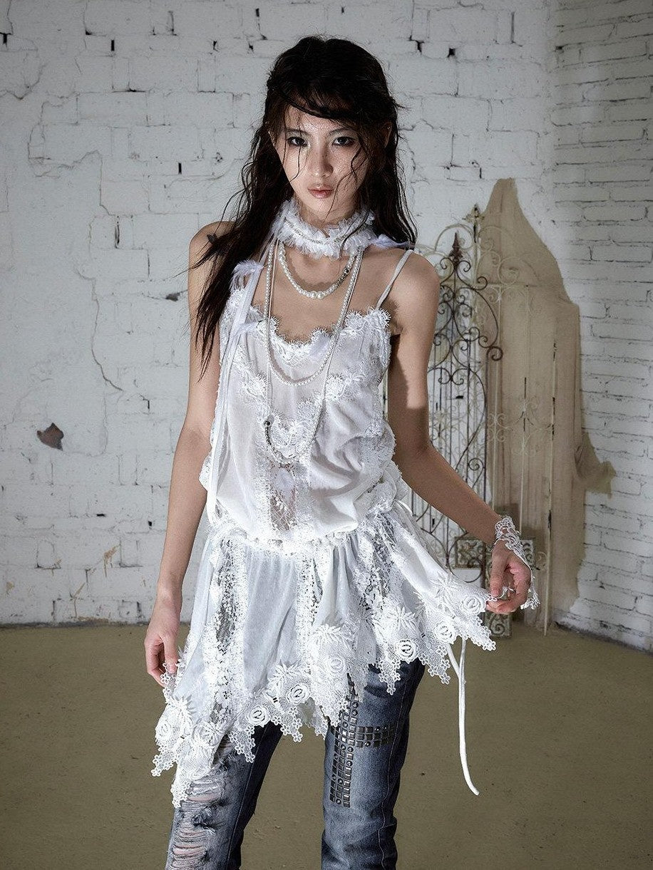 NO ROMANCE Vintage Hand Beaded Pleated Lace Tulle Women'S Silk Collar Neck Gaiters
