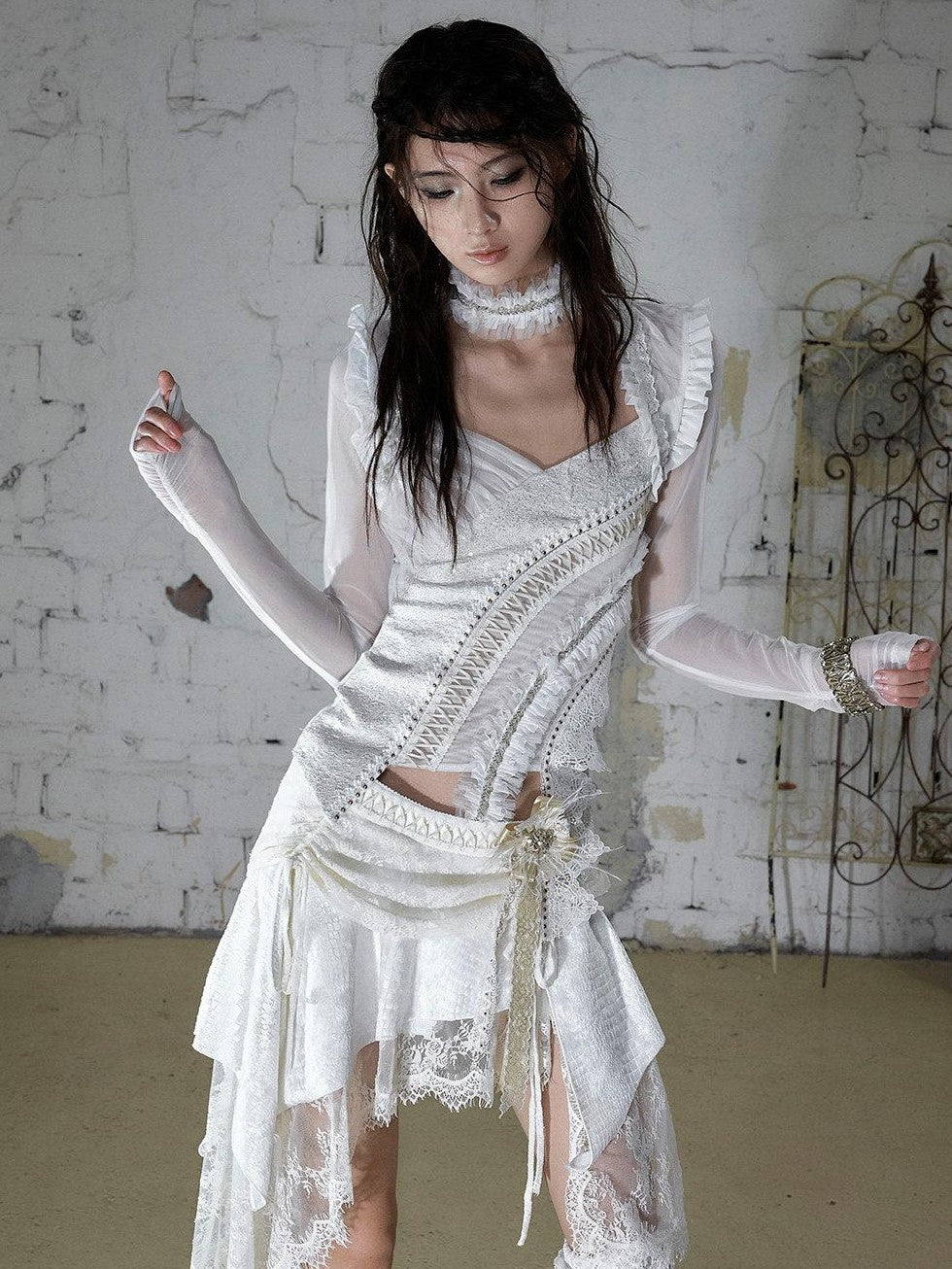 NO ROMANCE Vintage Hand Beaded Pleated Lace Tulle Women'S Silk Collar Neck Gaiters