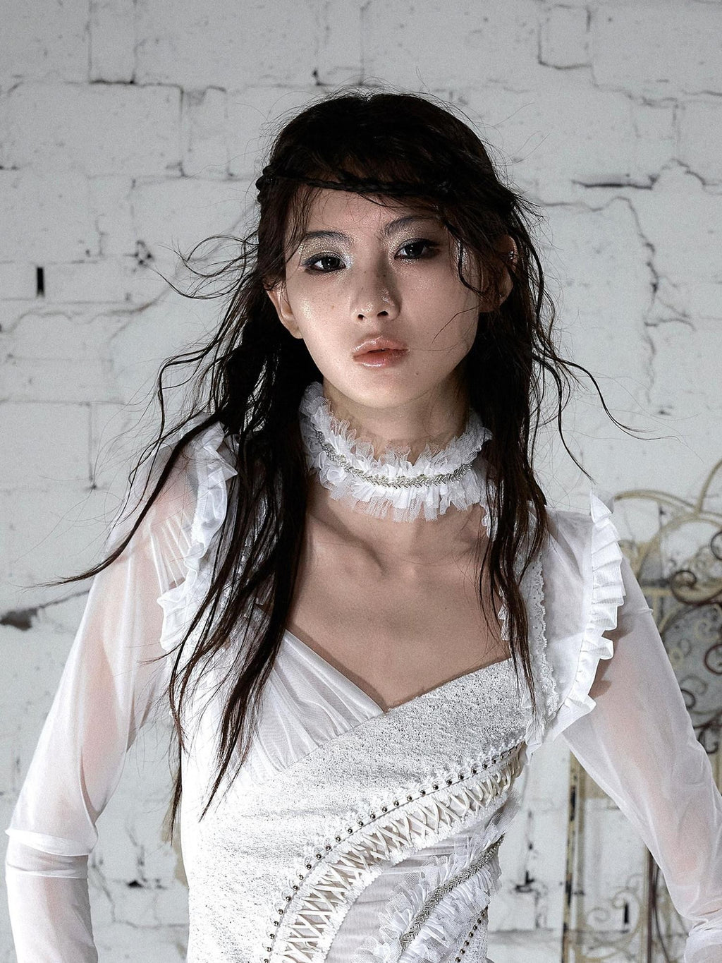 NO ROMANCE Vintage Hand Beaded Pleated Lace Tulle Women'S Silk Collar Neck Gaiters