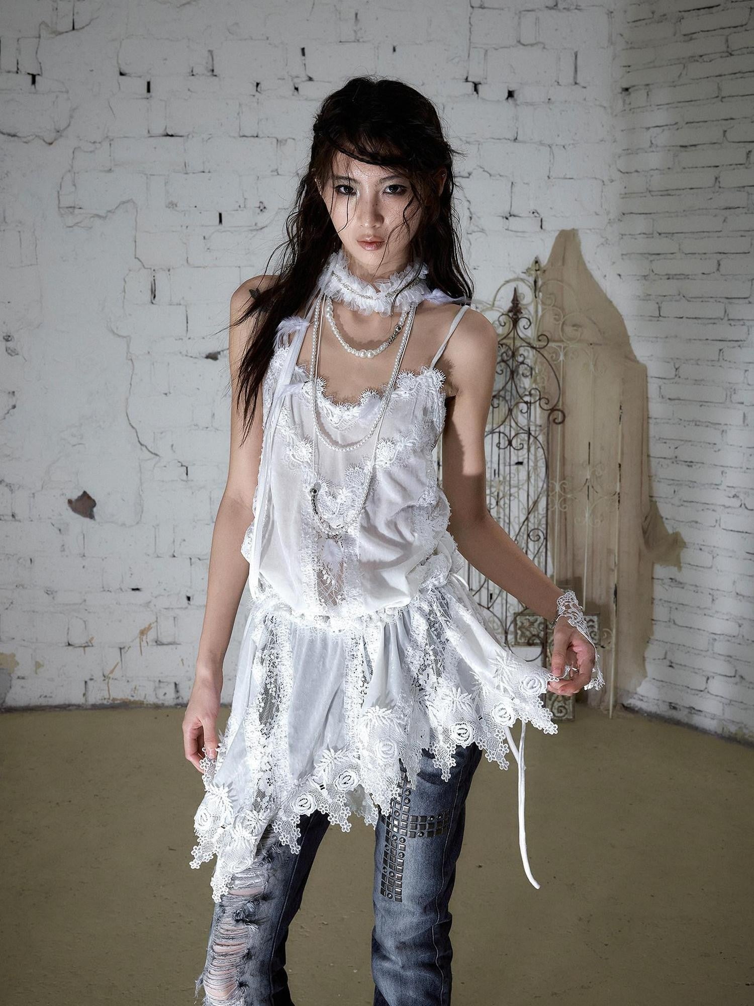NO ROMANCE Vintage Hand Beaded Pleated Lace Tulle Women'S Silk Collar Neck Gaiters