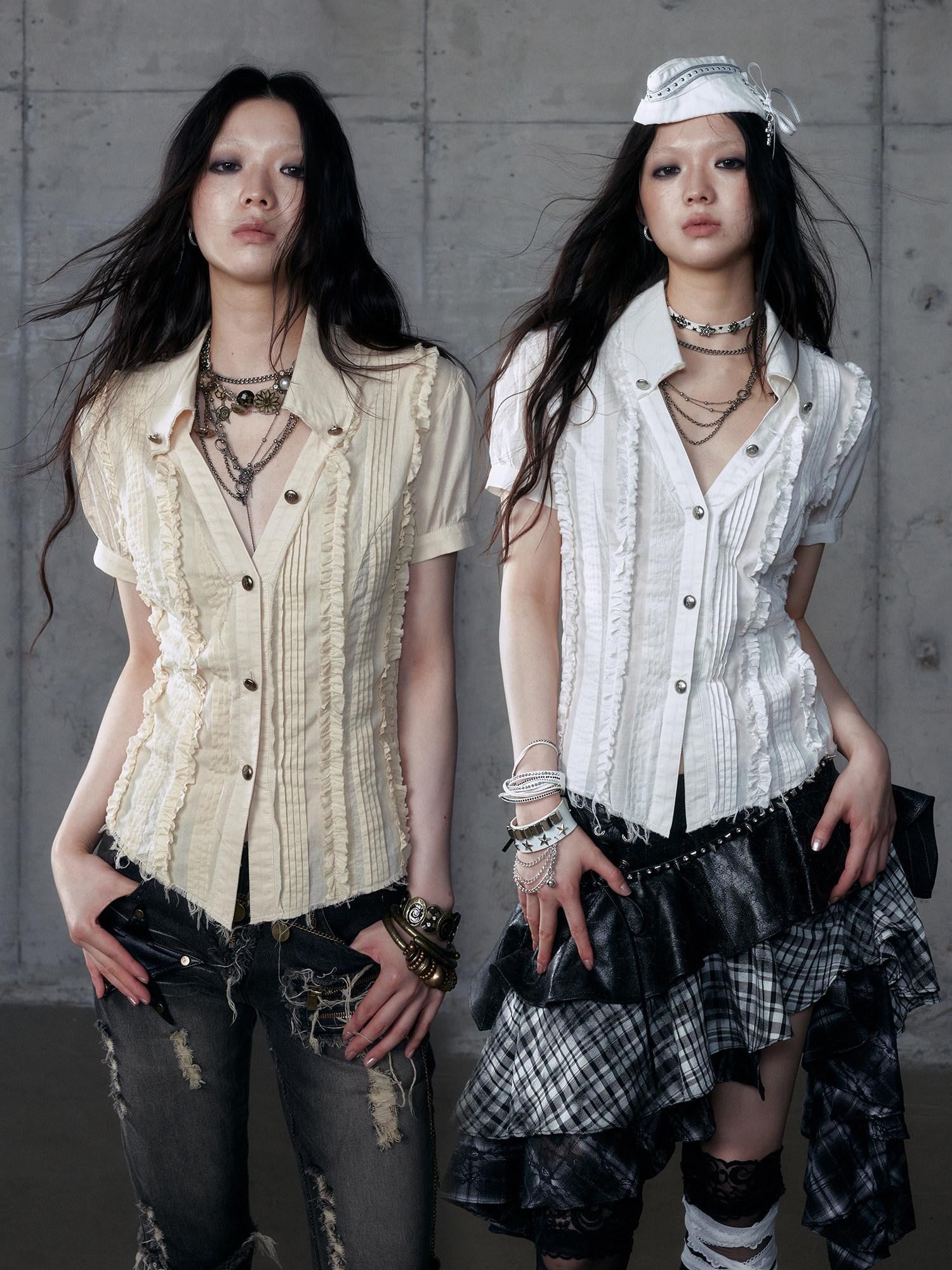 NO ROMANCE Vintage Lace Puff Sleeve V-neck Slim Fit Women'S Cotton Blouses
