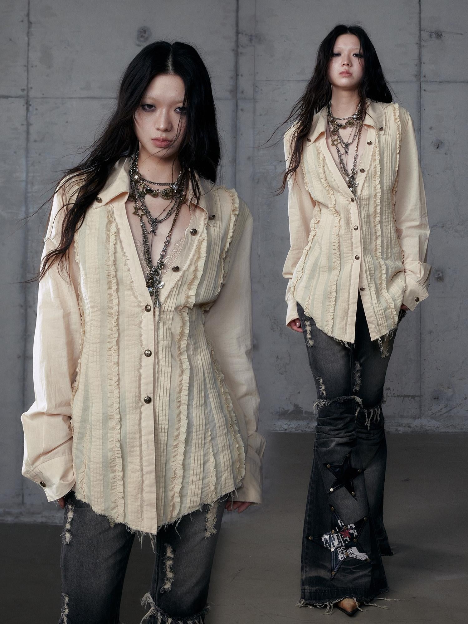 NO ROMANCE Vintage Lace Puff Sleeve V-neck Slim Fit Women'S Cotton Blouses