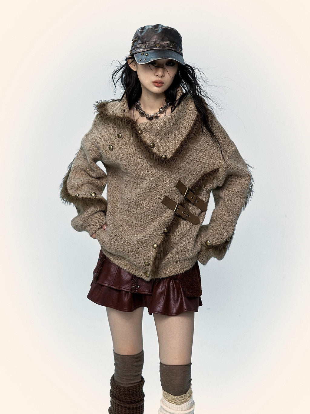 NO ROMANCE Vintage Mallard Frayed Stand Collar Loose Knit Women'S Polyamide Cotton Sweaters
