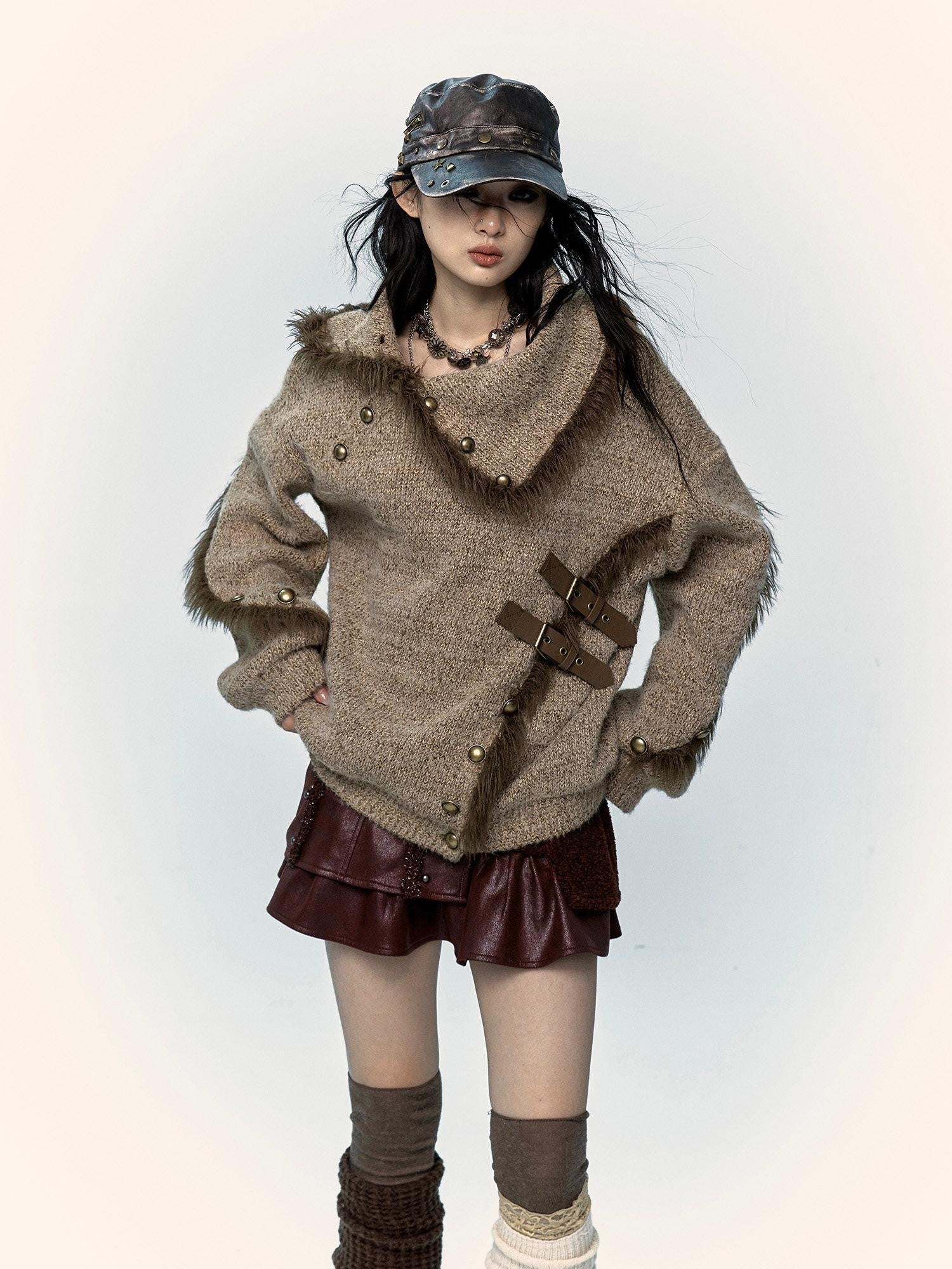 NO ROMANCE Vintage Mallard Frayed Stand Collar Loose Knit Women'S Polyamide Cotton Sweaters