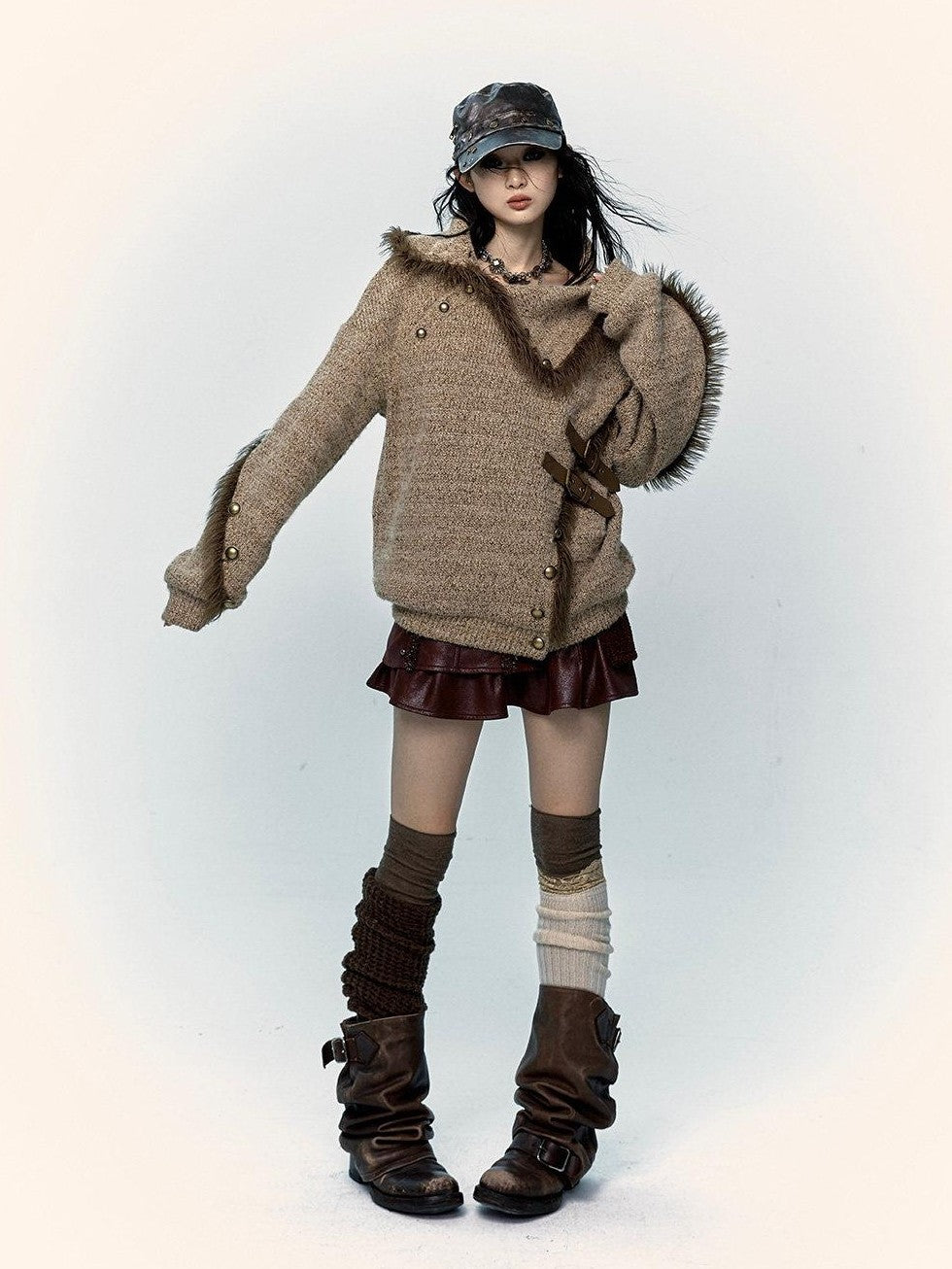 NO ROMANCE Vintage Mallard Frayed Stand Collar Loose Knit Women'S Polyamide Cotton Sweaters