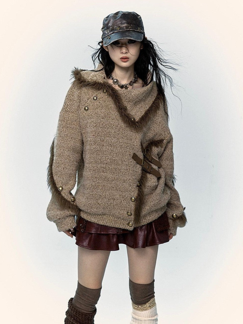 NO ROMANCE Vintage Mallard Frayed Stand Collar Loose Knit Women'S Polyamide Cotton Sweaters
