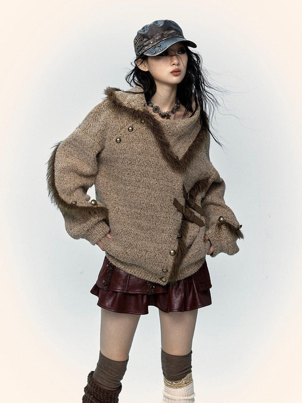 NO ROMANCE Vintage Mallard Frayed Stand Collar Loose Knit Women'S Polyamide Cotton Sweaters