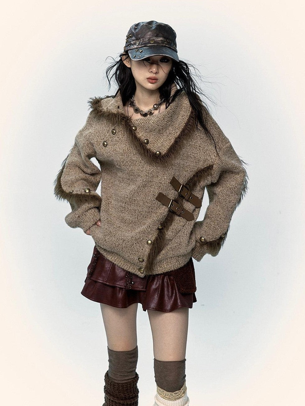 NO ROMANCE Vintage Mallard Frayed Stand Collar Loose Knit Women'S Polyamide Cotton Sweaters