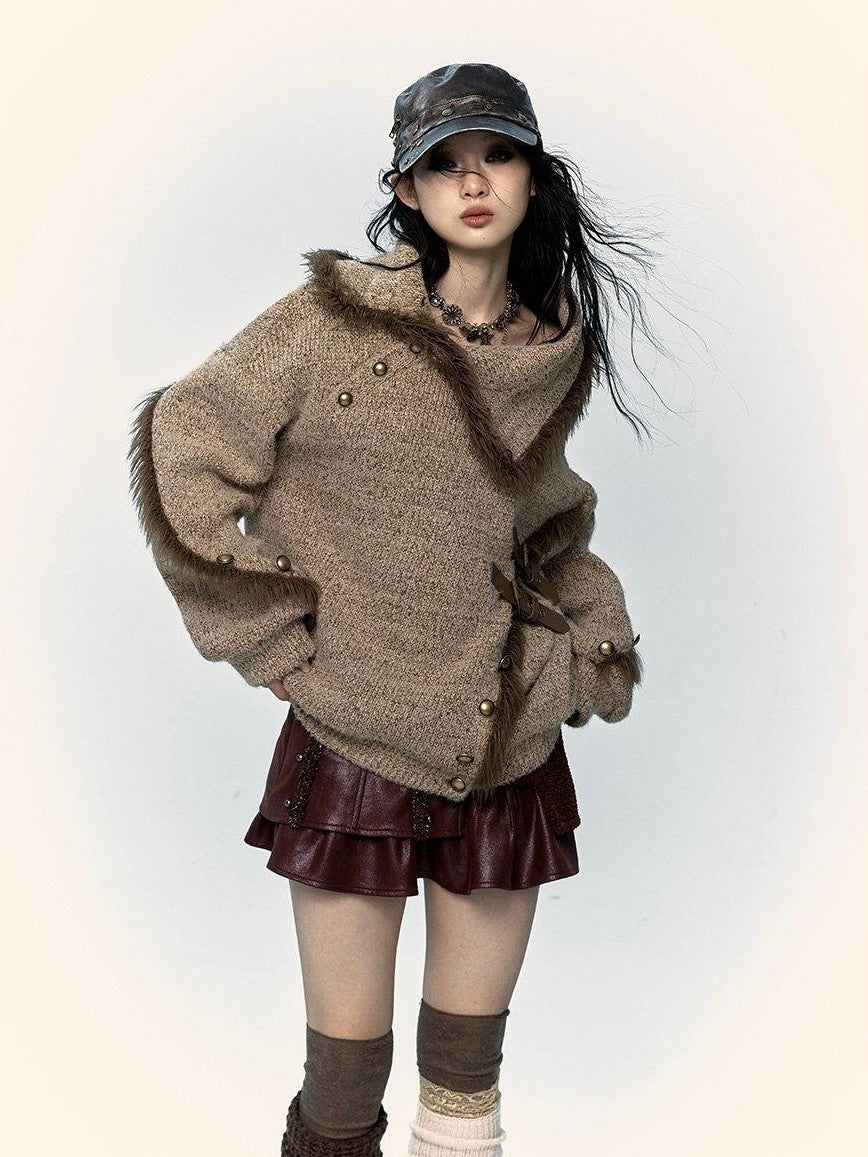 NO ROMANCE Vintage Mallard Frayed Stand Collar Loose Knit Women'S Polyamide Cotton Sweaters