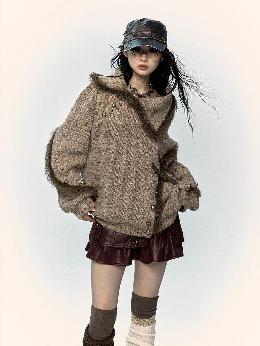 NO ROMANCE Vintage Mallard Frayed Stand Collar Loose Knit Women'S Polyamide Cotton Sweaters