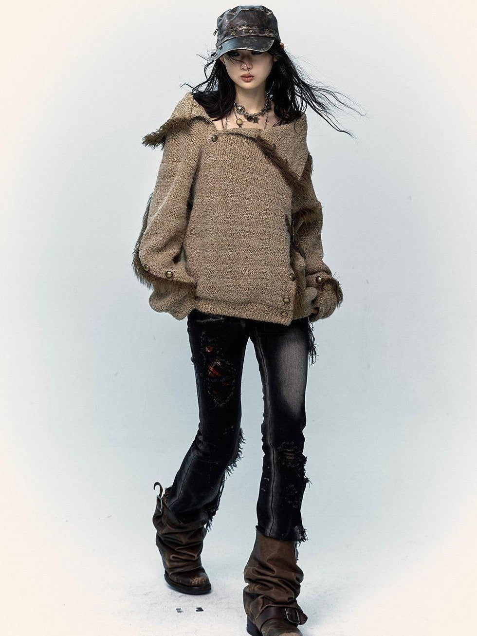 NO ROMANCE Vintage Mallard Frayed Stand Collar Loose Knit Women'S Polyamide Cotton Sweaters