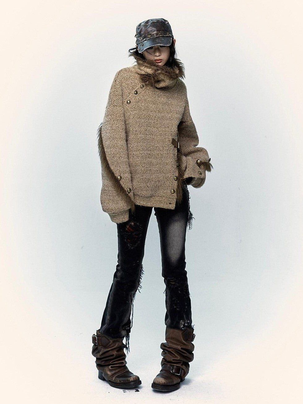 NO ROMANCE Vintage Mallard Frayed Stand Collar Loose Knit Women'S Polyamide Cotton Sweaters