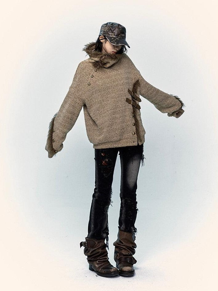 NO ROMANCE Vintage Mallard Frayed Stand Collar Loose Knit Women'S Polyamide Cotton Sweaters