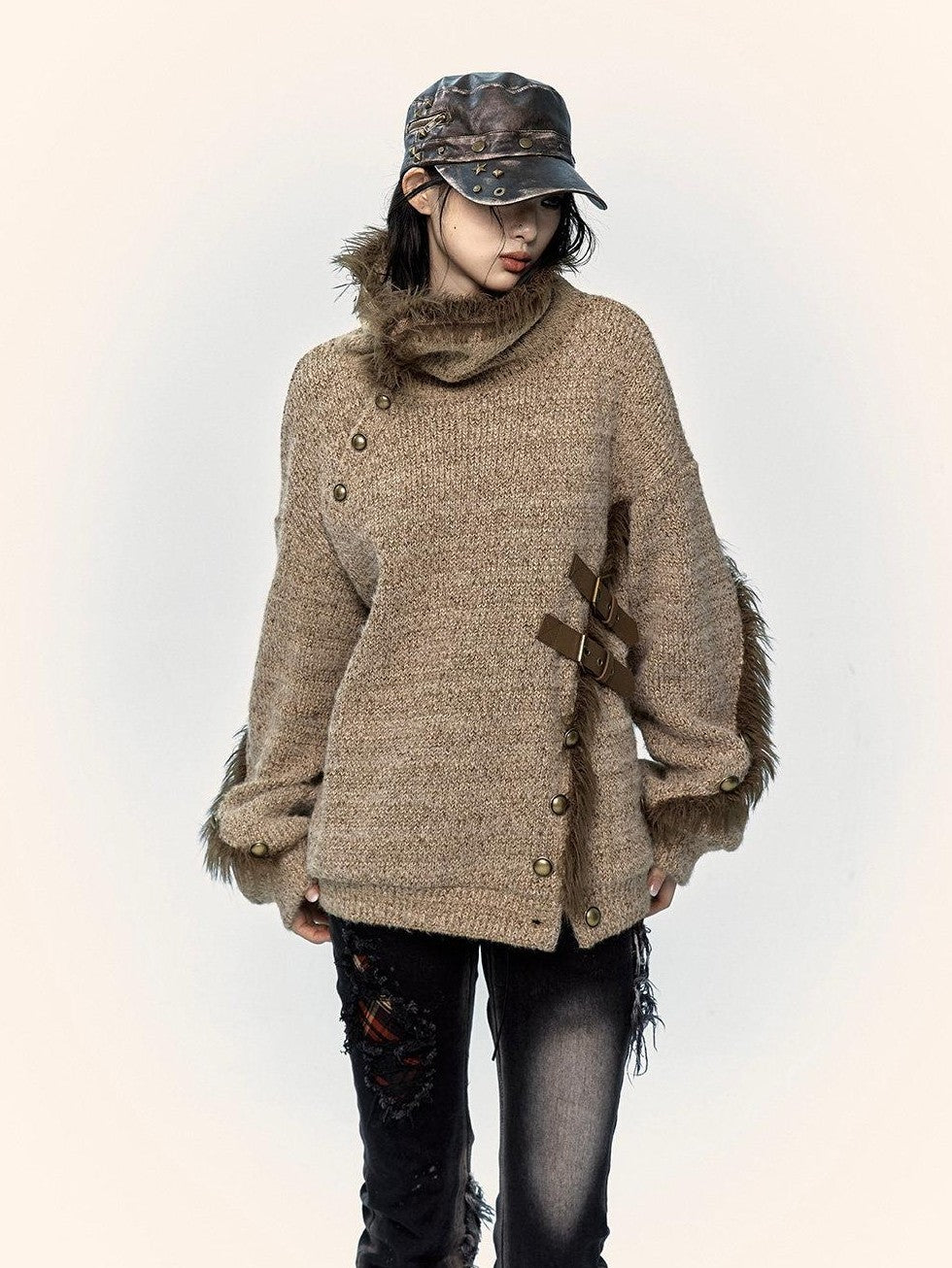 NO ROMANCE Vintage Mallard Frayed Stand Collar Loose Knit Women'S Polyamide Cotton Sweaters