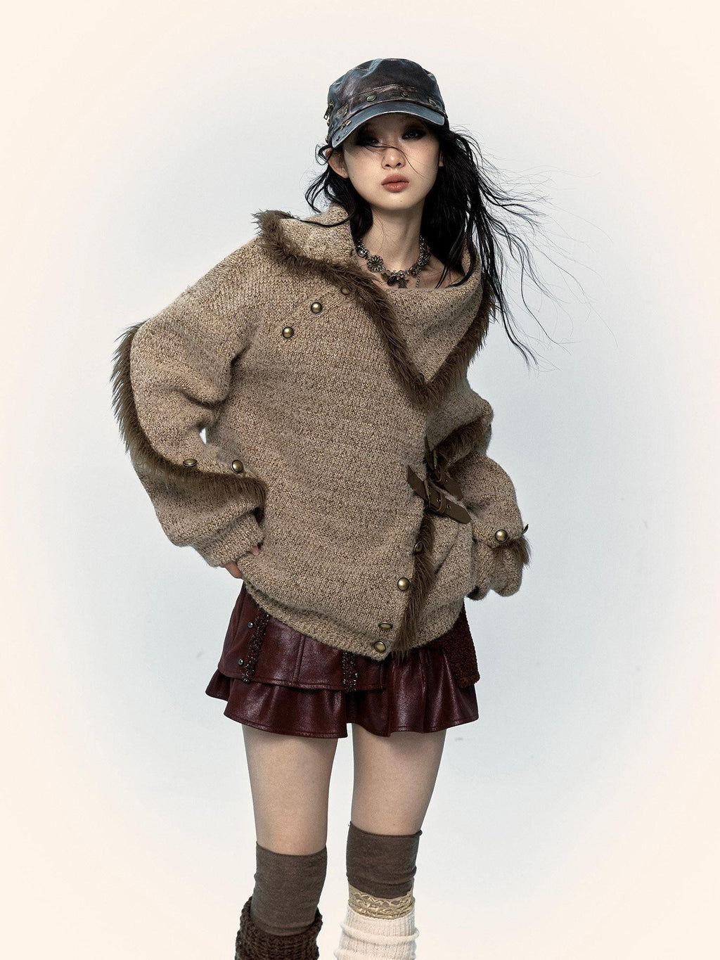 NO ROMANCE Vintage Mallard Frayed Stand Collar Loose Knit Women'S Polyamide Cotton Sweaters