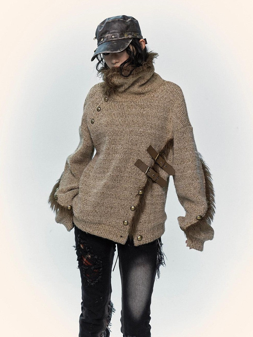 NO ROMANCE Vintage Mallard Frayed Stand Collar Loose Knit Women'S Polyamide Cotton Sweaters