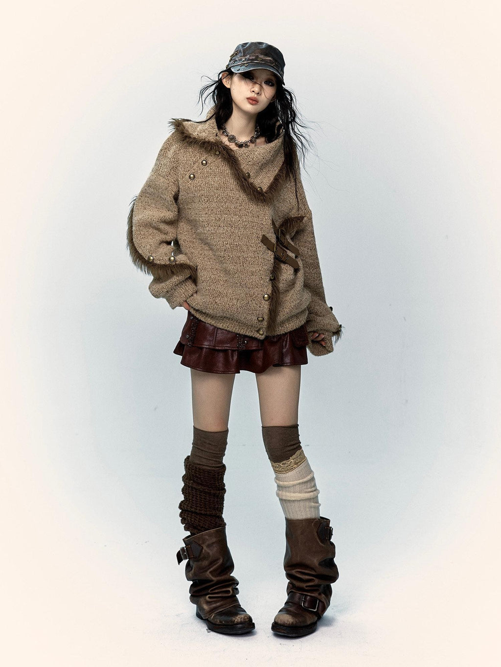 NO ROMANCE Vintage Mallard Frayed Stand Collar Loose Knit Women'S Polyamide Cotton Sweaters