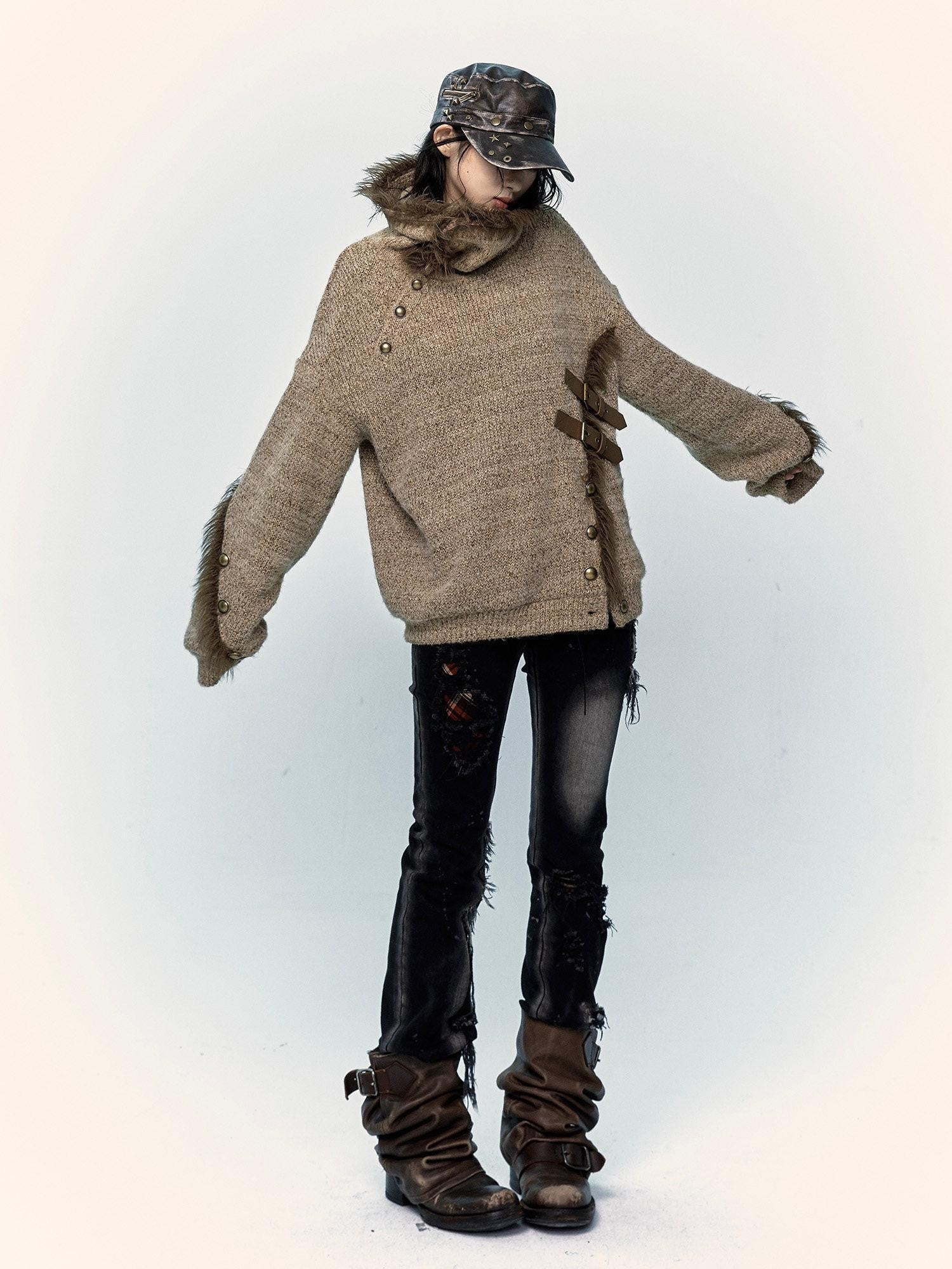 NO ROMANCE Vintage Mallard Frayed Stand Collar Loose Knit Women'S Polyamide Cotton Sweaters