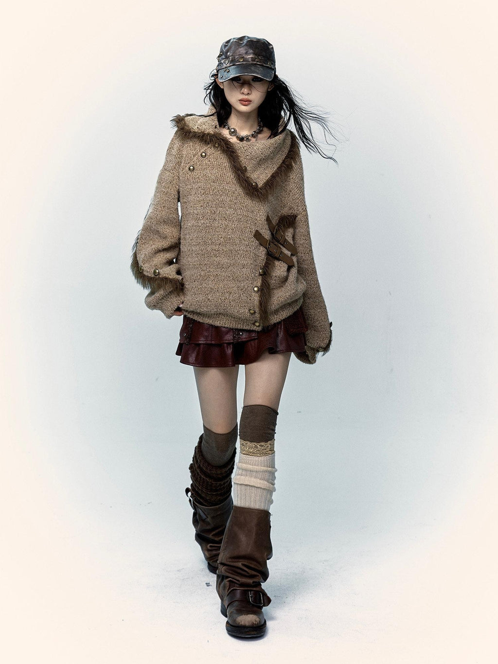 NO ROMANCE Vintage Mallard Frayed Stand Collar Loose Knit Women'S Polyamide Cotton Sweaters