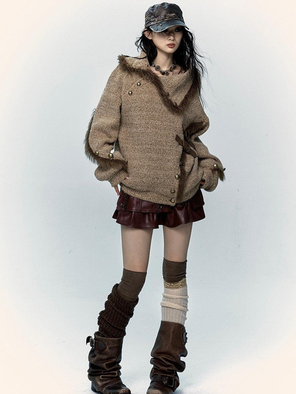 NO ROMANCE Vintage Mallard Frayed Stand Collar Loose Knit Women'S Polyamide Cotton Sweaters