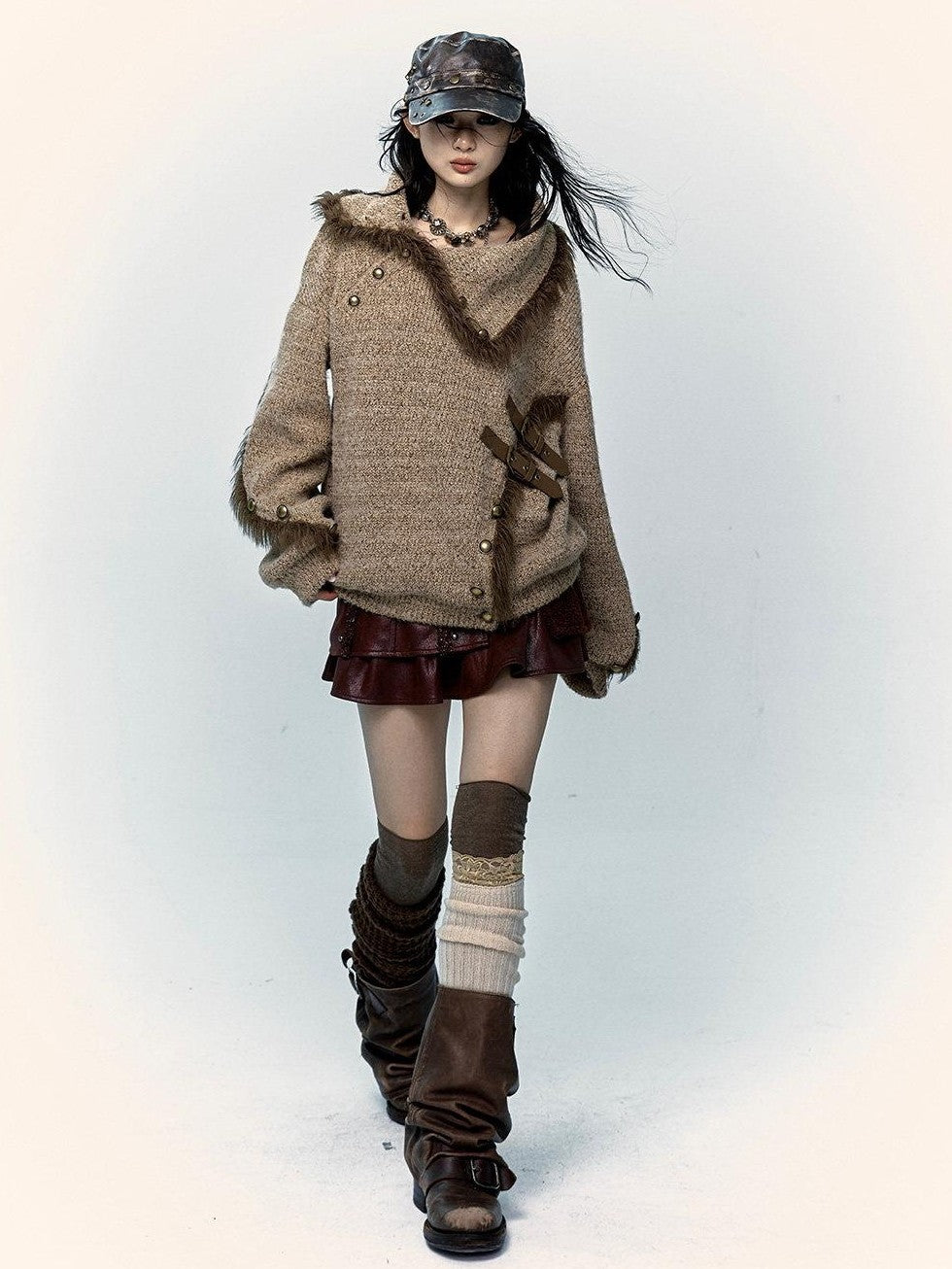NO ROMANCE Vintage Mallard Frayed Stand Collar Loose Knit Women'S Polyamide Cotton Sweaters