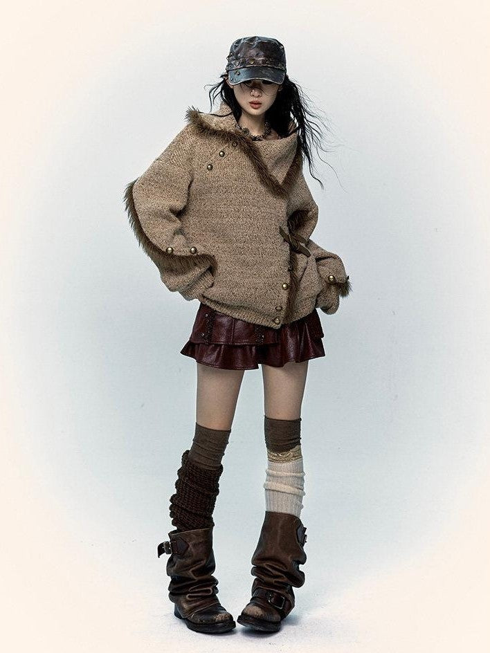 NO ROMANCE Vintage Mallard Frayed Stand Collar Loose Knit Women'S Polyamide Cotton Sweaters
