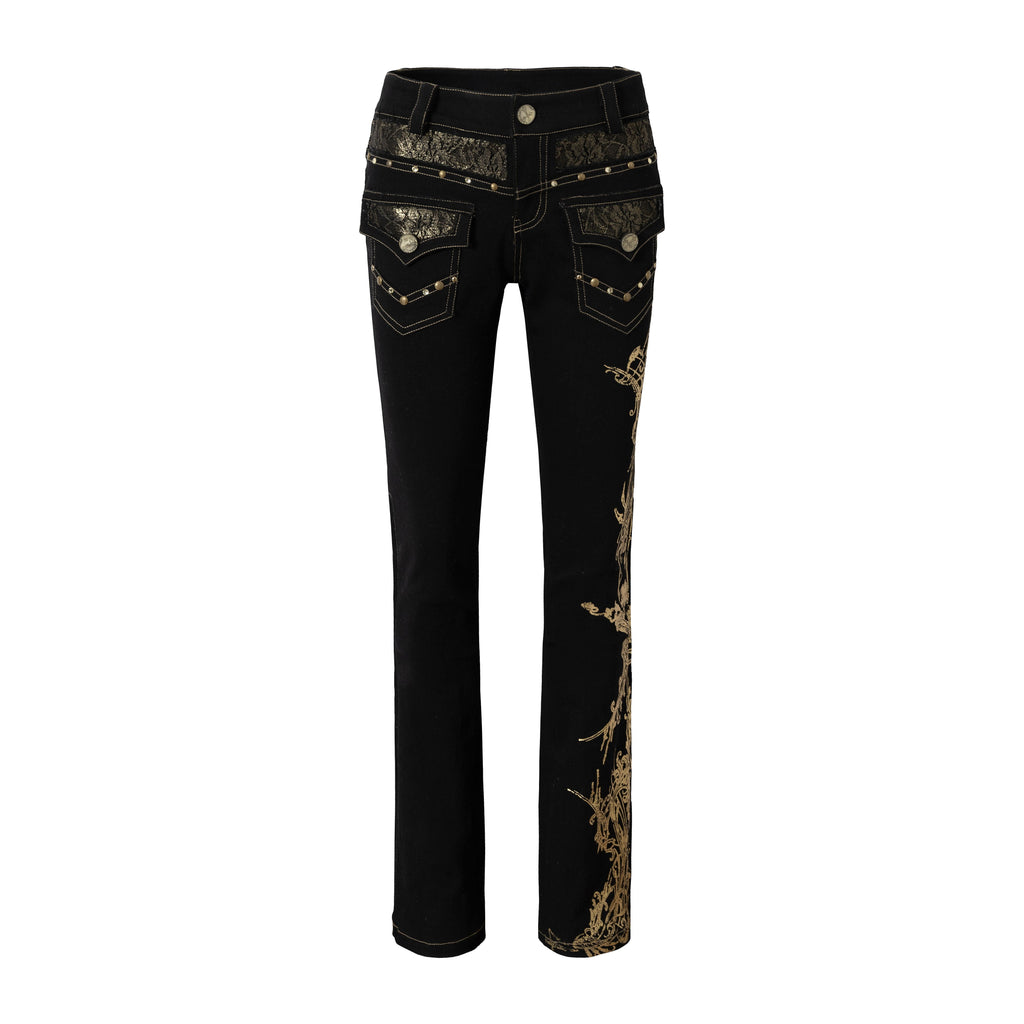 NO_ROMANCE_Vintage_Modern_Rhinestone_Gold_Foil_Lace_Patchwork_Women'S_Denim_Straight_Pants_MISSTT