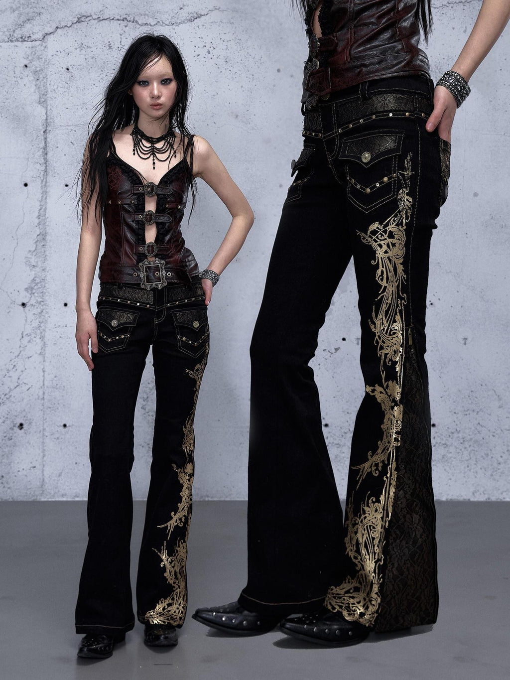 NO ROMANCE Vintage Modern Rhinestone Gold Foil Lace Patchwork Women'S Denim Straight Pants