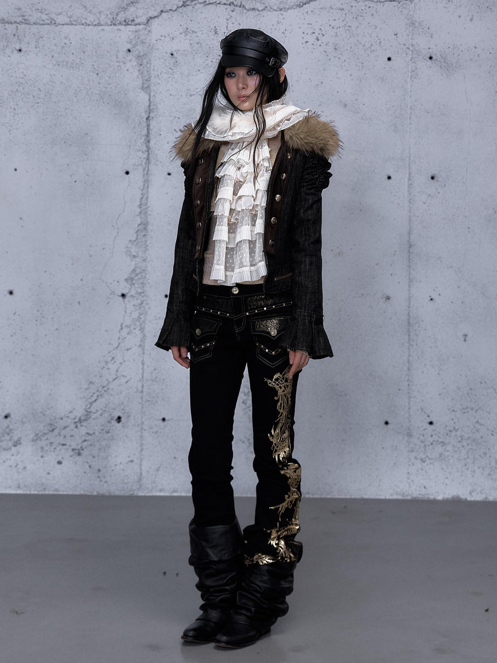 NO ROMANCE Vintage Modern Rhinestone Gold Foil Lace Patchwork Women'S Denim Straight Pants