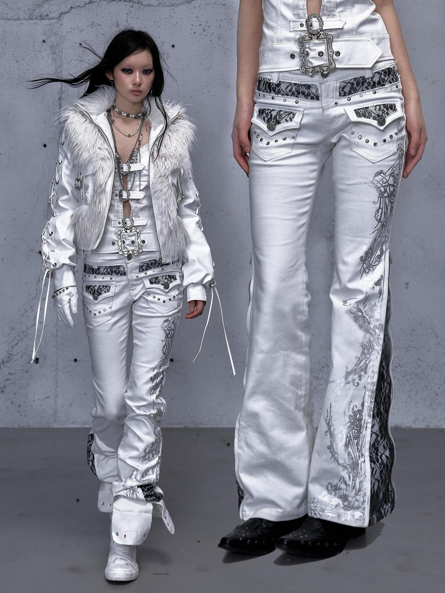 NO ROMANCE Vintage Modern Rhinestone Gold Foil Lace Patchwork Women'S Denim Straight Pants