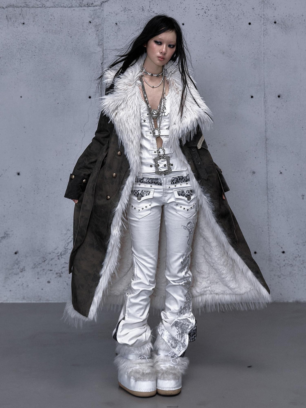 NO ROMANCE Vintage Modern Rhinestone Gold Foil Lace Patchwork Women'S Denim Straight Pants