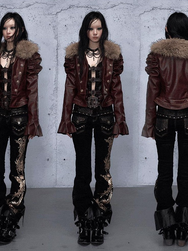 NO ROMANCE Vintage Modern Rhinestone Gold Foil Lace Patchwork Women'S Denim Straight Pants