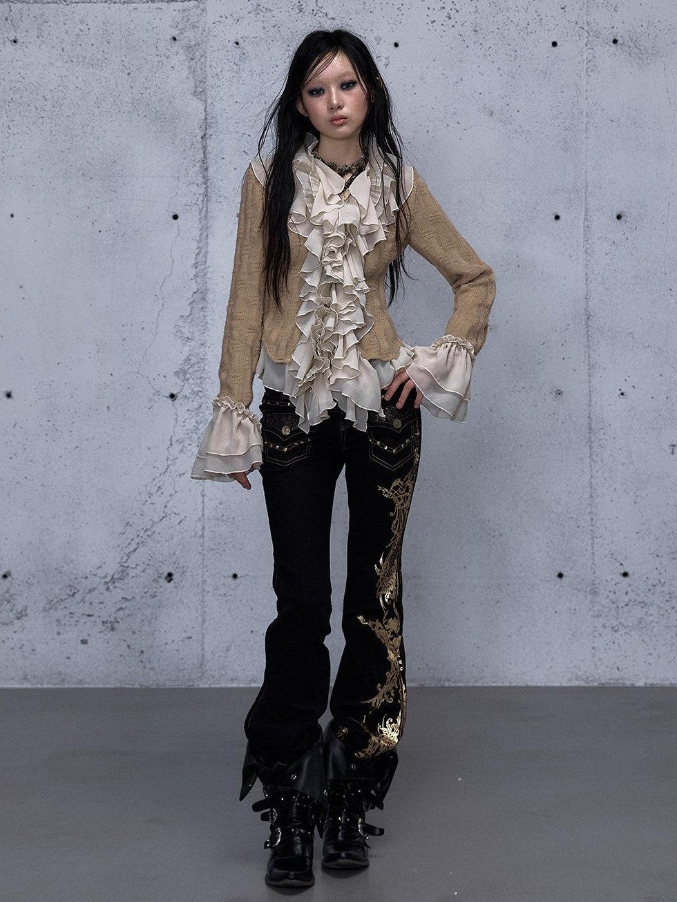 NO ROMANCE Vintage Modern Rhinestone Gold Foil Lace Patchwork Women'S Denim Straight Pants