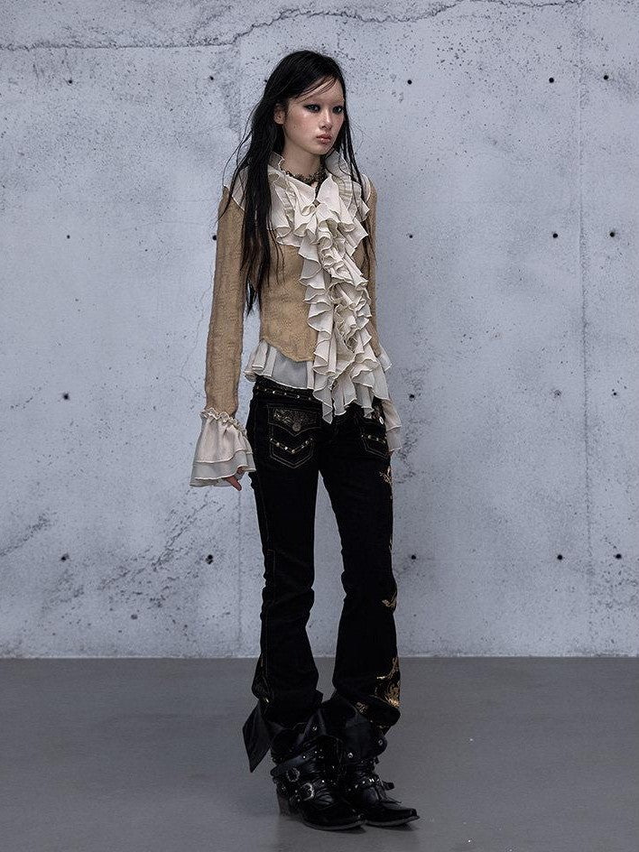 NO ROMANCE Vintage Modern Rhinestone Gold Foil Lace Patchwork Women'S Denim Straight Pants