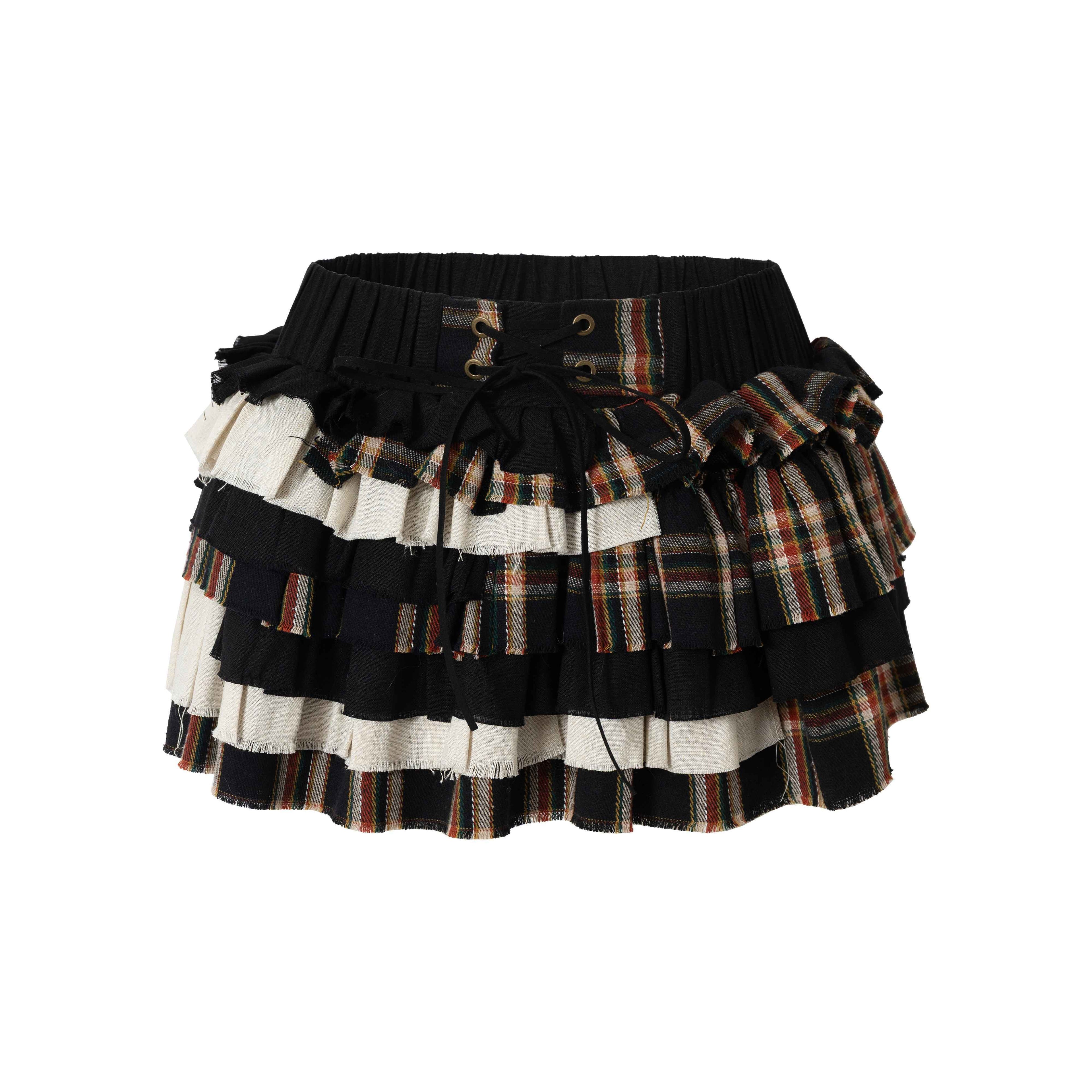 NO_ROMANCE_Vintage_Plaid_Multi_Layer_Punk_Women'S_Linen_Cotton_Low_Waist_Frayed_Mini_Skirts_MISSTT
