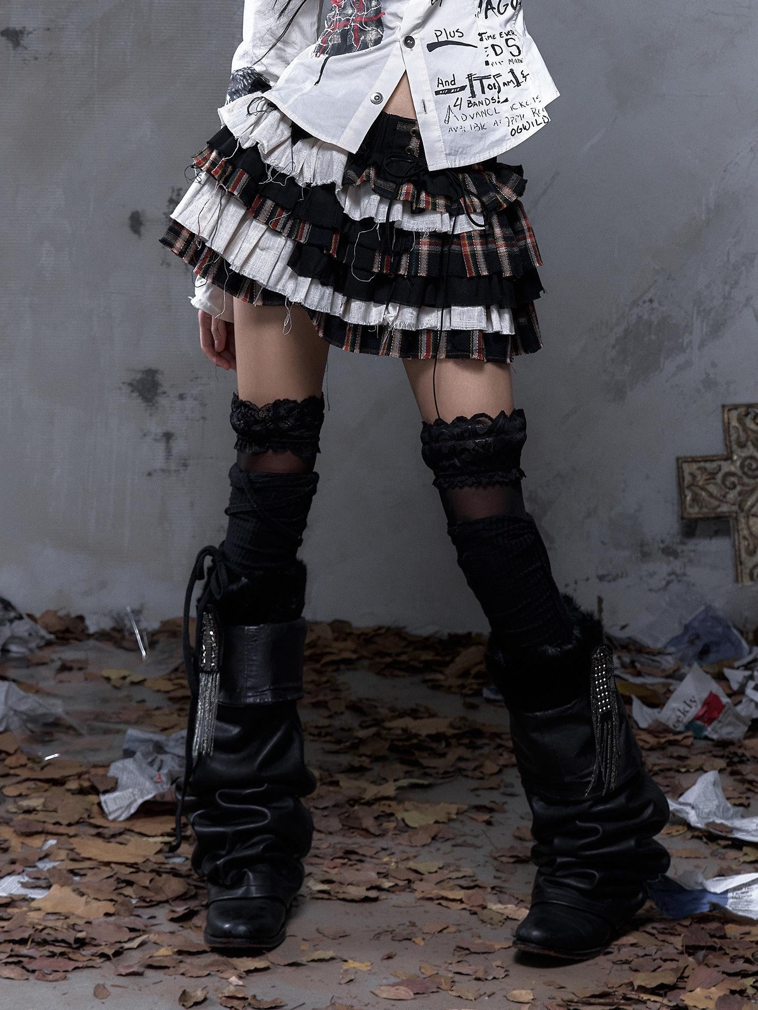 NO ROMANCE Vintage Plaid Multi Layer Punk Women'S Linen Cotton Low Waist Frayed Mini Skirts