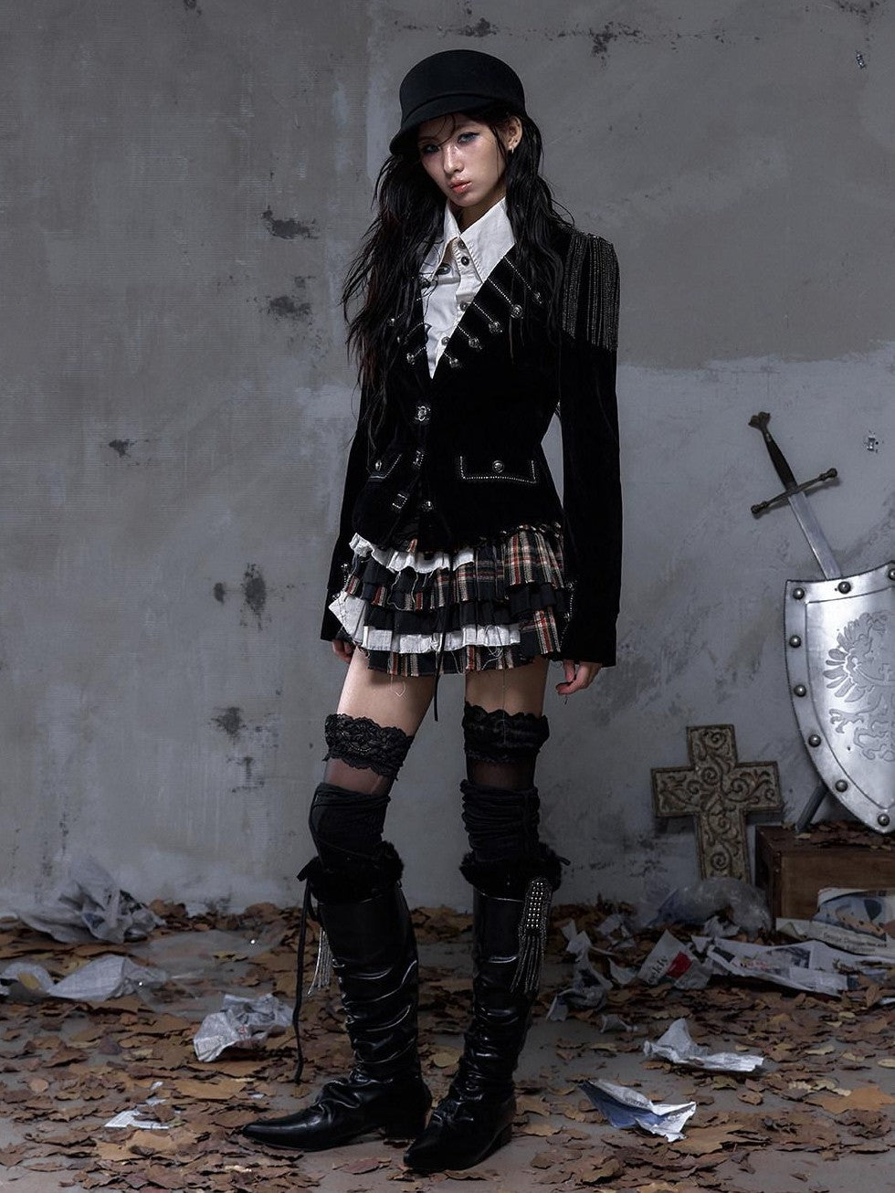 NO ROMANCE Vintage Plaid Multi Layer Punk Women'S Linen Cotton Low Waist Frayed Mini Skirts